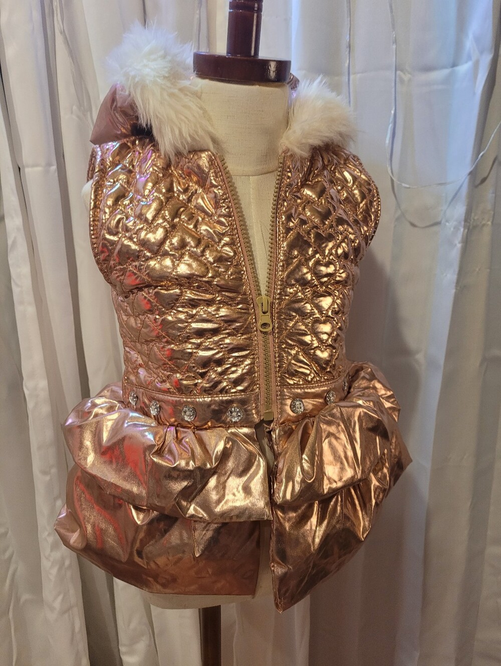 Little Lass Rose Gold Metallic Quilted Vest with Faux Fur Hood